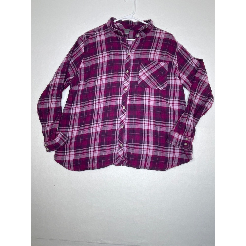Eddie Bauer Women Shirt Plaid Button Up Flannel Long Sleeve 2XL Purple Pink